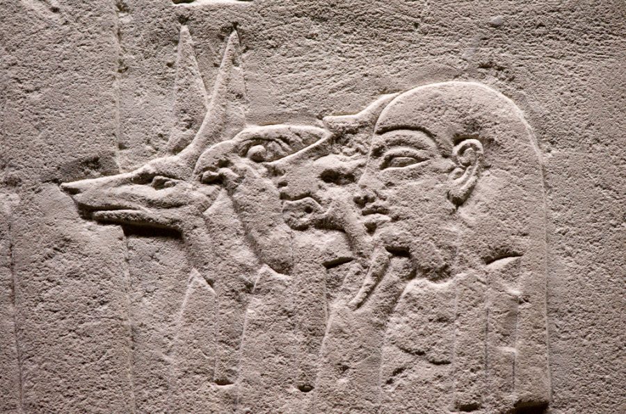 These are the four sons of Horus, protectors of the mummified internal organs of a deceased person. From left to right: Duamutef, Qebehsenuef, Hapi and Imsety.